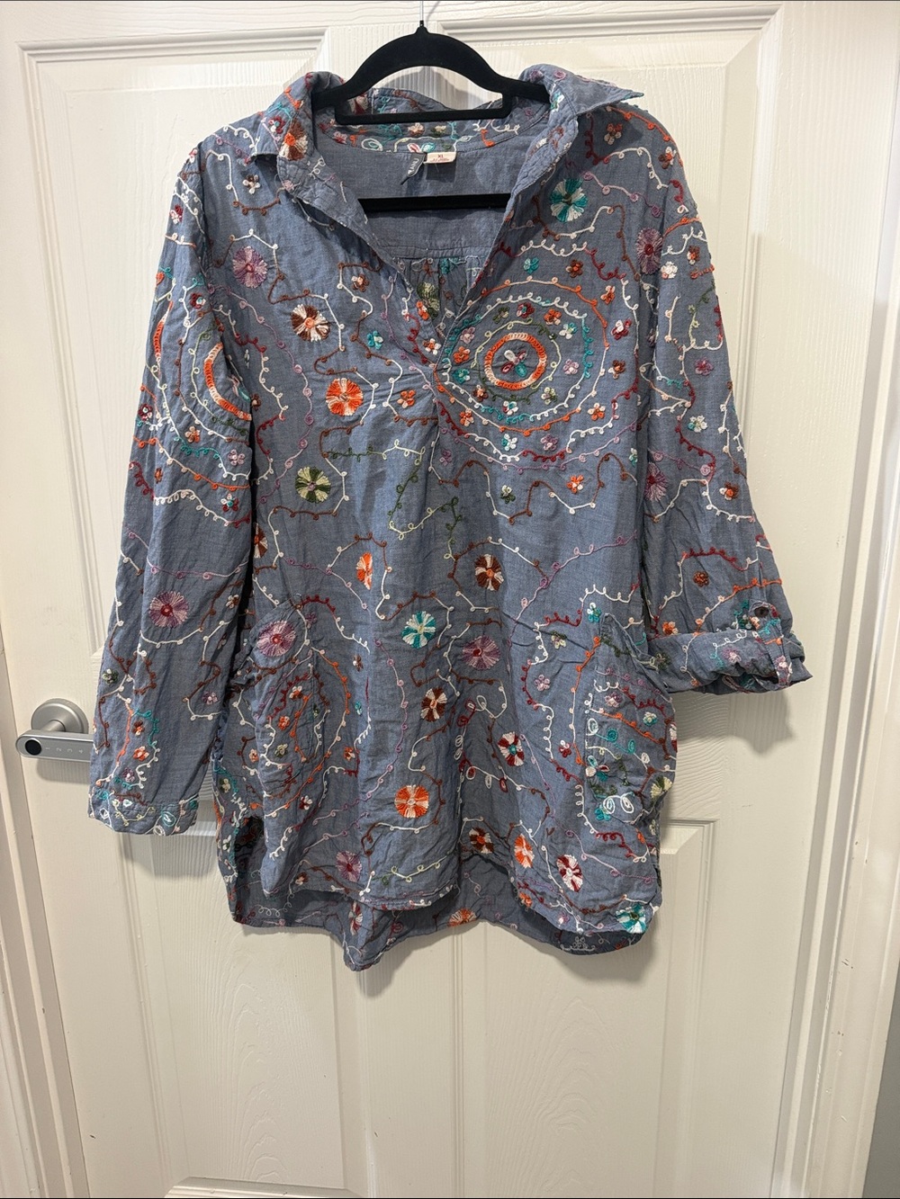 ANU Embroidered Gray Boho Tunic Top - Women's